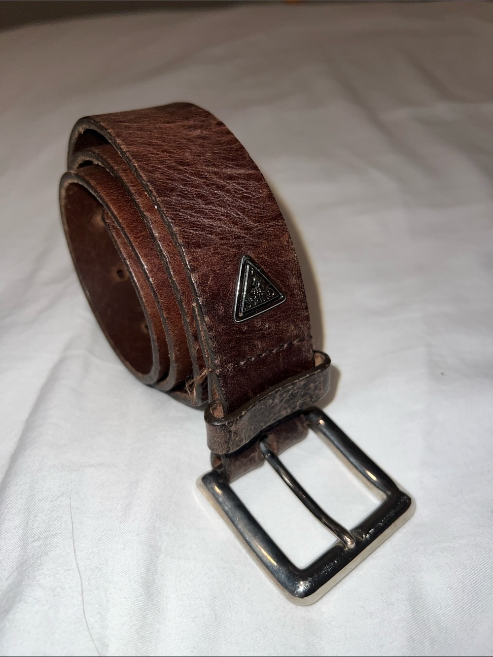 GUESS Brown Leather Belt with Triangle Logo - Classic Casual